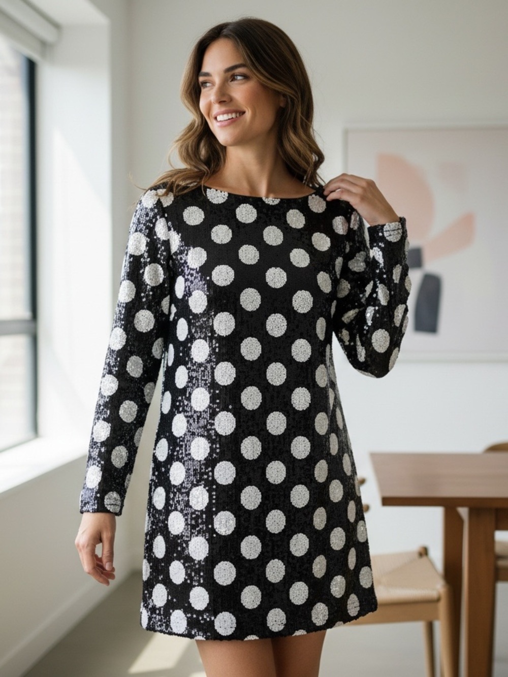 Wayf black white polka dot sequin shift dress Xs NWT evening holiday